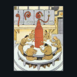 Cartão Postal Vintage Science Fiction, Cientistas Labratórios Co<br><div class="desc">Ilustração Vintage Science Fiction futurística image laboratorial com um grupo de cosmonautas russos,  cientistas ou astronautas com intervalo jante. Eles estão comendo sua sopa de farinha líquida de grandes tubos. A sua comida inclui vitaminas,  hormonas e calorias! Design de ficção científica com retrô clássico de quadrinhos.</div>