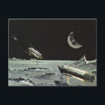 Cartão Postal Vintage Science Fictions, Rocket ships Moon Planet<br><div class="desc">Imagem de Vintage no espaço sideral e imagem de Ficção Científica futurista planetas. Viagem e design de transporte com foguetes decolando na lua e voando em direção ao planeta Terra no distante céu escuro da noite no futuro.</div>