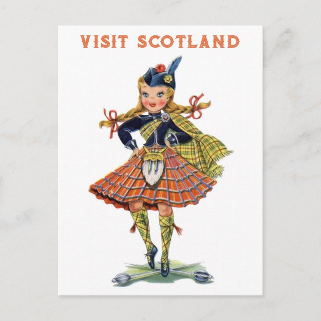 Cartão Postal Vintage Scotland Woman Kilt Viagem (Frente)
