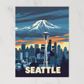 Cartão Postal Vintage Seattle Skyline e Monte Rainier