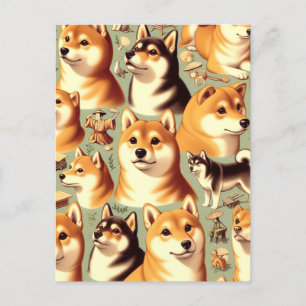 Cartão Postal Vintage Shiba Inu - Padrão sem costura