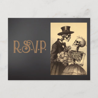 Cartão Postal Vintage Skeleton Casal Dourado e RSVP Preto