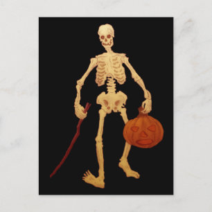 Cartão Postal Vintage Skeleton Segurando um Stick e Bomba