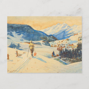 Cartão Postal Vintage ski image, Cross country nas montanhas
