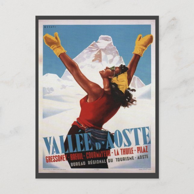 Cartão Postal Vintage Ski Poster, Itália, Val d'Aosta (Frente)