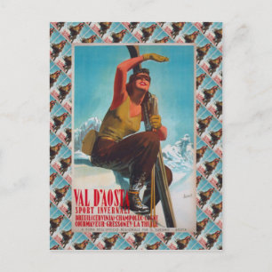 Cartão Postal Vintage Ski Poster, Val d'Aosta, Itália
