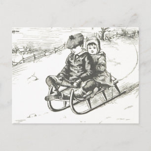 Cartão Postal Vintage Sled Feriado de Natal Garota de inverno