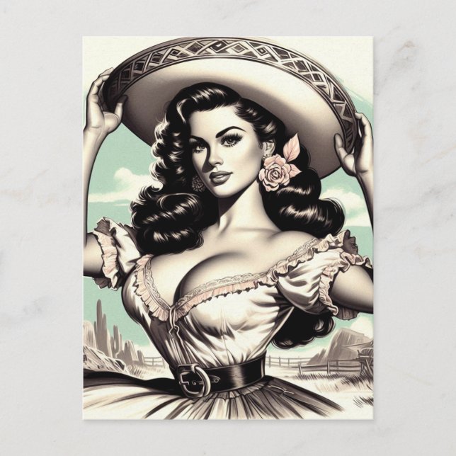 Cartão Postal Vintage Sombrero Pin-up (Frente)