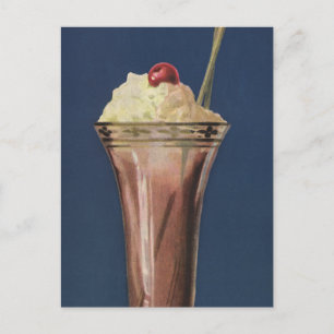Cartão Postal Vintage Sorvete Shake, Whipped Cream & Cherry