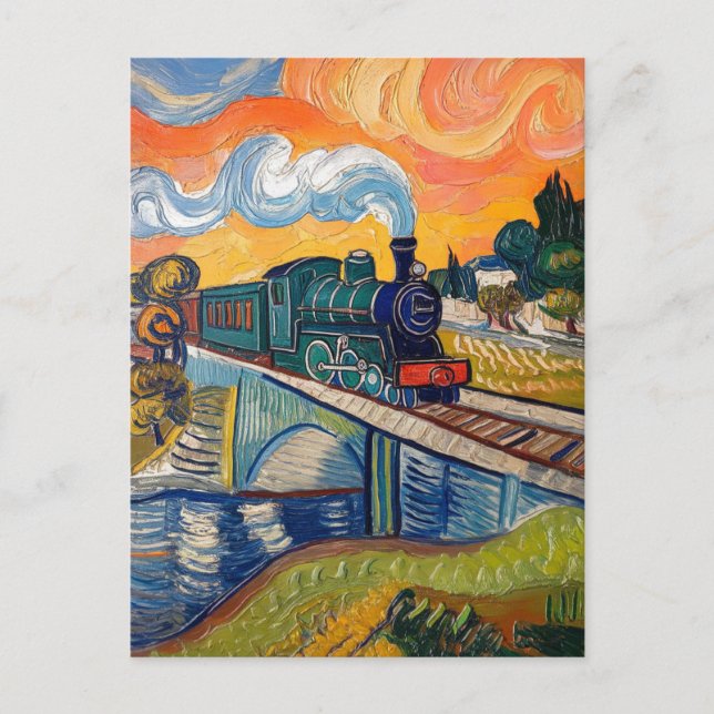 Cartão Postal Vintage Steam Engine crossing Bridge painting (Frente)