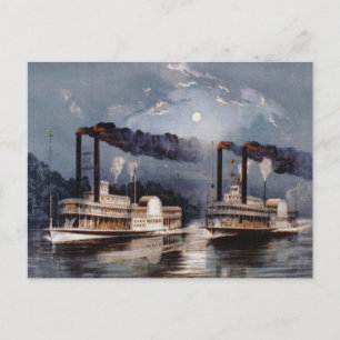 Cartão Postal Vintage Steamboat Racing no Rio Mississippi