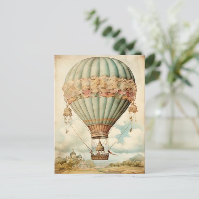 Cartão Postal Vintage Steampunk Blue Hot Air Balloon (Em pé/Frente)