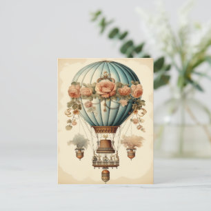 Cartão Postal Vintage Steampunk Floral Blue Balão de Ar Quente