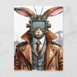 Cartão Postal Vintage Steampunk Rabbit Man com uma TV na cabeça