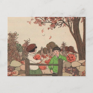 Cartão Postal Vintage Storybook Kids & Pumpkins