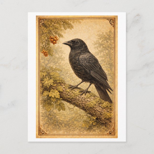 Cartão Postal Vintage-Style Crow Illustration (Frente)