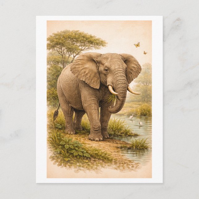 Cartão Postal Vintage-Style Elephant Illustration (Frente)