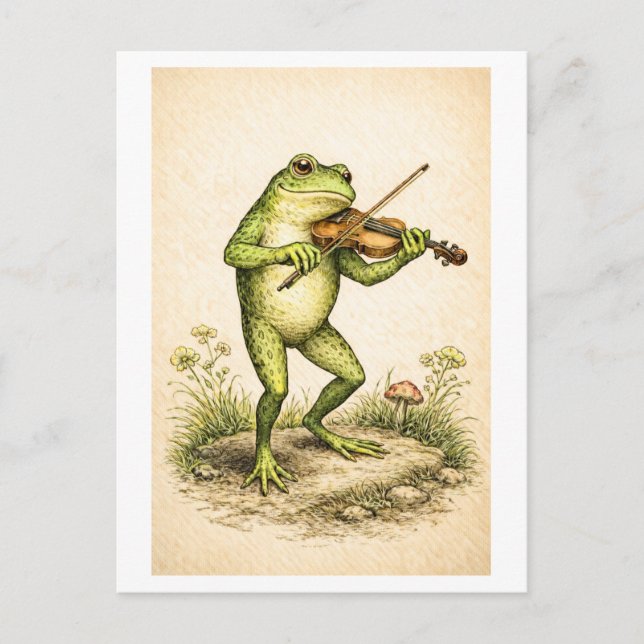 Cartão Postal Vintage-Style Frog with Violin Illustration (Frente)