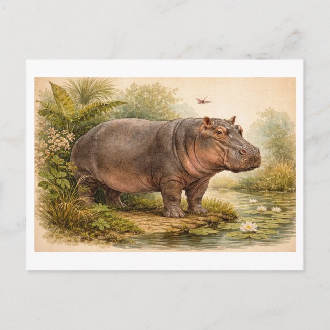Cartão Postal Vintage-Style Hippo Illustration (Frente)