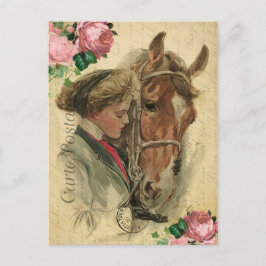 Cartão Postal Vintage Style Horse e Rosas - Carte Francês Postal