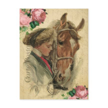 Vintage Style Horse e Rosas - Carte Francês Postal