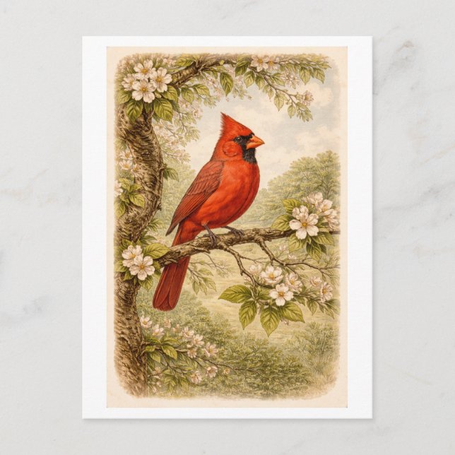 Cartão Postal Vintage-Style Male Cardinal lllustration (Frente)