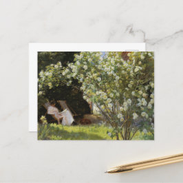 Cartão Postal Vintage Summer Painting White Roses Lendo Mulher