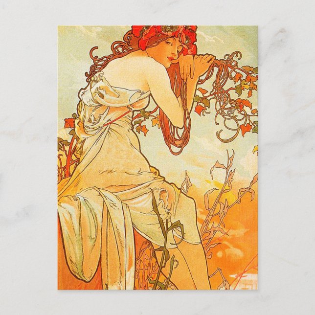 Cartão Postal Vintage Summer por Alphonse Mucha (Frente)