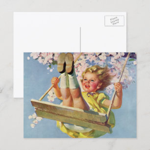 Cartão Postal Vintage Swing, Rapariga Balançando em Árvore Child