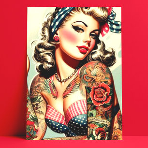 Cartão Postal Vintage Tattoo Old School Pin-up