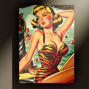 Cartão Postal Vintage Tiger Impressão Girl
