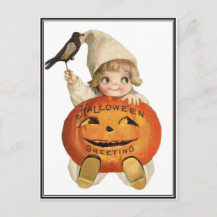 Cartão Postal Vintage Toddler com Raven e Pumpkin Halloween