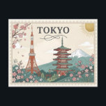 Cartão Postal Vintage Tokyo Japan Travel Poster Art<br><div class="desc">Travelers often find it difficult to locate high-quality Japanese souvenirs that move beyond neon-soaked cityscapes and cluttered imagery. This design solves that aesthetic challenge by offering a refined, artisanal tribute to Tokyo, featuring a beautifully balanced composition of the Tokyo Tower, a traditional five-story pagoda, and the majestic, snow-capped Mount Fuji....</div>