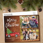 Cartão Postal Vintage Truck 2 Foto de Madeira de Natal<br><div class="desc">Manuscrito em Pincel Moderno Watercolor Vintage Red Truck com Árvore de Natal - Merry Christmas Family 2 Photo Postcard - Rustic Country Wood</div>