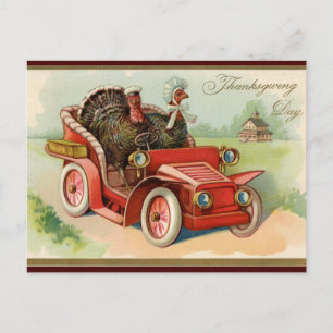 Cartão Postal Vintage Turkeys Andando em Ação de Graças de Carro