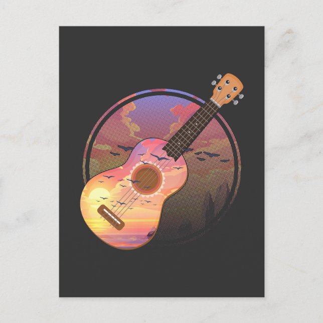 Cartão Postal Vintage Ukulele Sunset Musical Nature Hawaii (Frente)