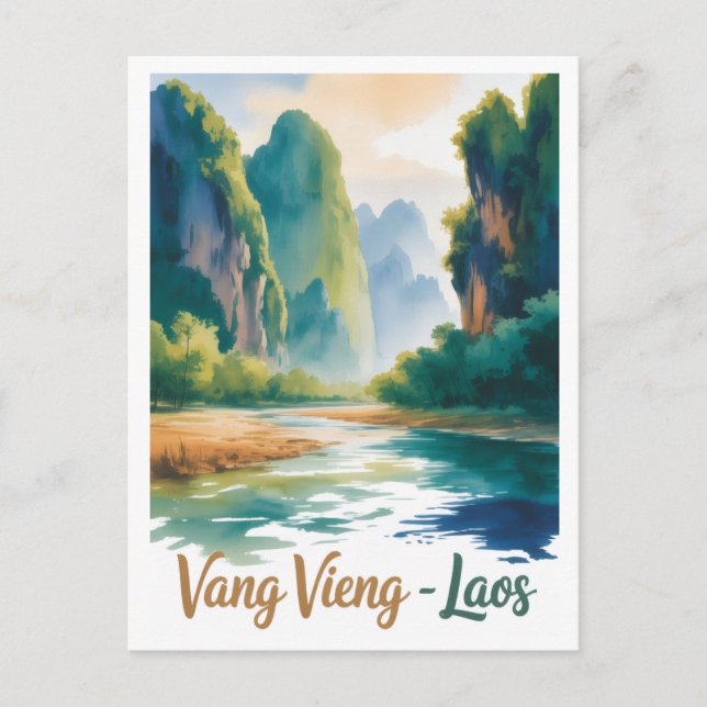 Cartão Postal  Vintage Vang Vieng Laos Travel Art (Frente)