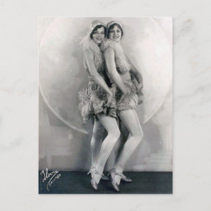 Cartão Postal Vintage Vaudeville Dance Duo Feather Boas