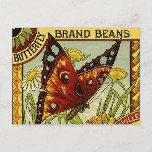 Cartão Postal Vintage Vegetal Label Art, Borboleta Marca Beans