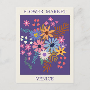 Cartão Postal Vintage Veneice Itália Flower Market Viagem