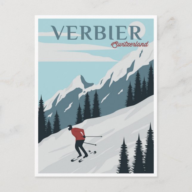 Cartão Postal Vintage Verbier Suiça Viagem de aquarela (Frente)