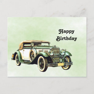 Cartão Postal Vintage Verde Automóvel Aquarela Aniversário