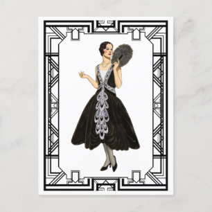Cartão Postal Vintage, Vestido Noturno Negro e Branco