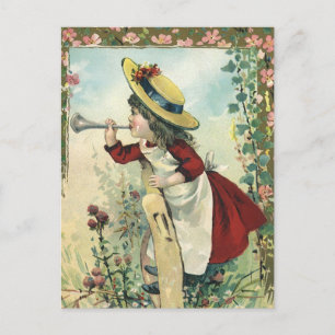 Cartão Postal Vintage Victorian Child, Garota Soprando Bugle Mea
