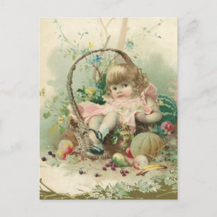 Cartão Postal Vintage Victorian Child, Girl Primavera Fruta Bask