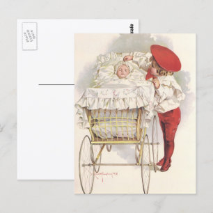 Cartão Postal Vintage Victorian Children, Child and Baby in Pram