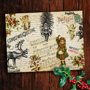 Cartão Postal Vintage Victorian Christmas Girl Mensagem Holly