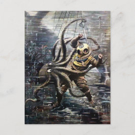 Cartão Postal Vintage Victorian Diver Octopus Fight