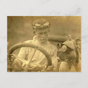 Cartão Postal Vintage Victorian Dog and Man Drivers Car