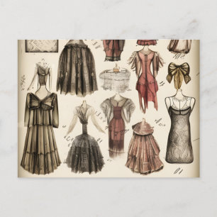 Cartão Postal Vintage Victorian Fashion Design Pencil Sketch